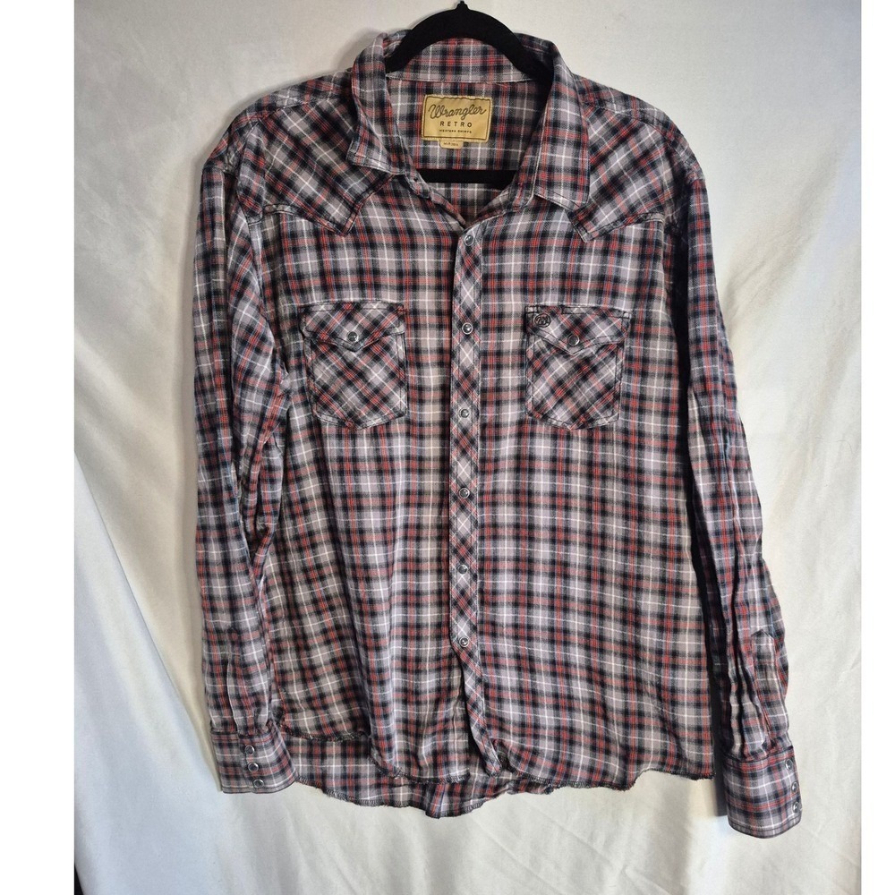 Wrangler Retro Mens XXL Plaid Western Snap Shirt Grey Red Blue MVR381A